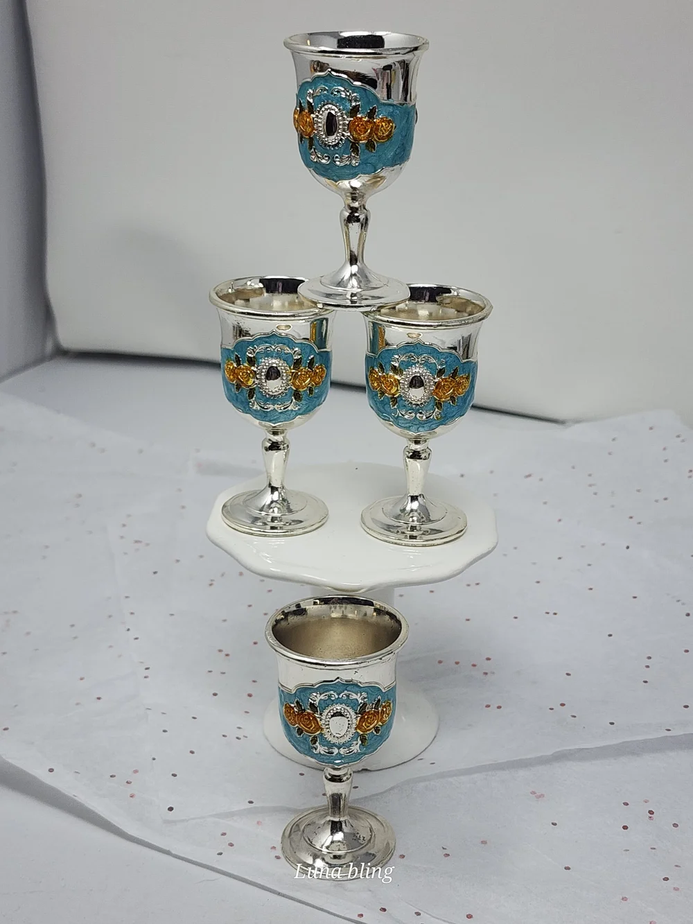Decorative Silver-Tone Goblets with Turquoise and Gold Accents